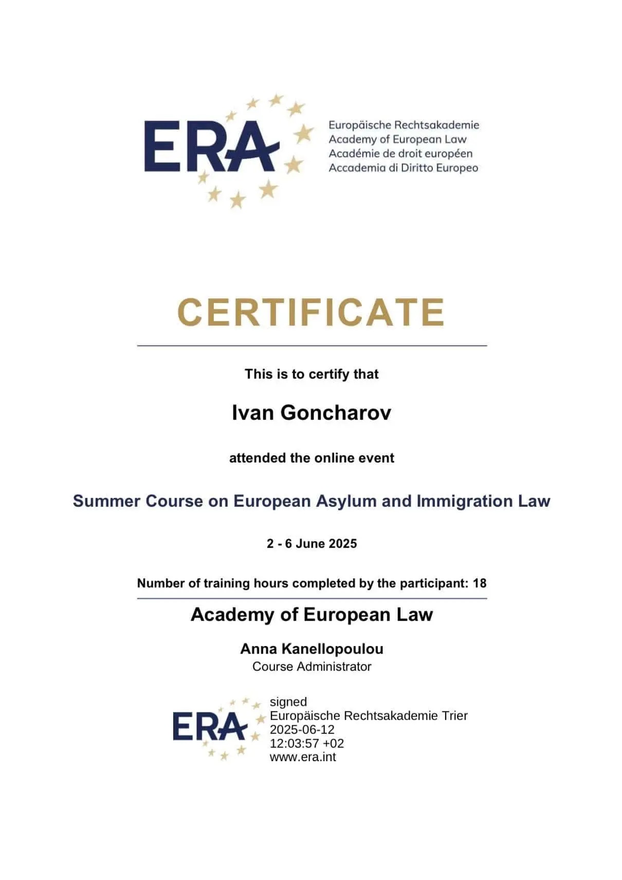 ERA certificate