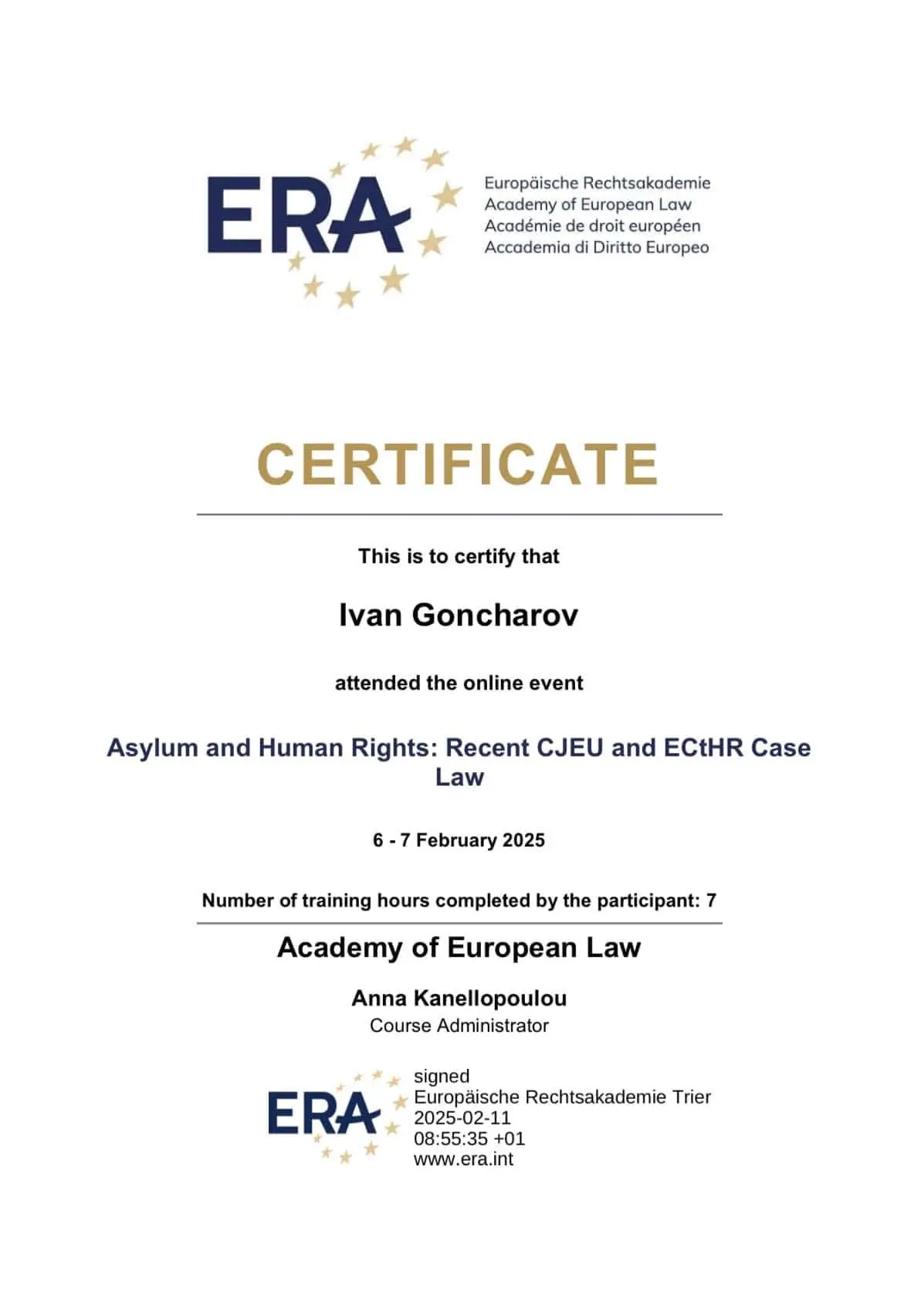 ERA certificate